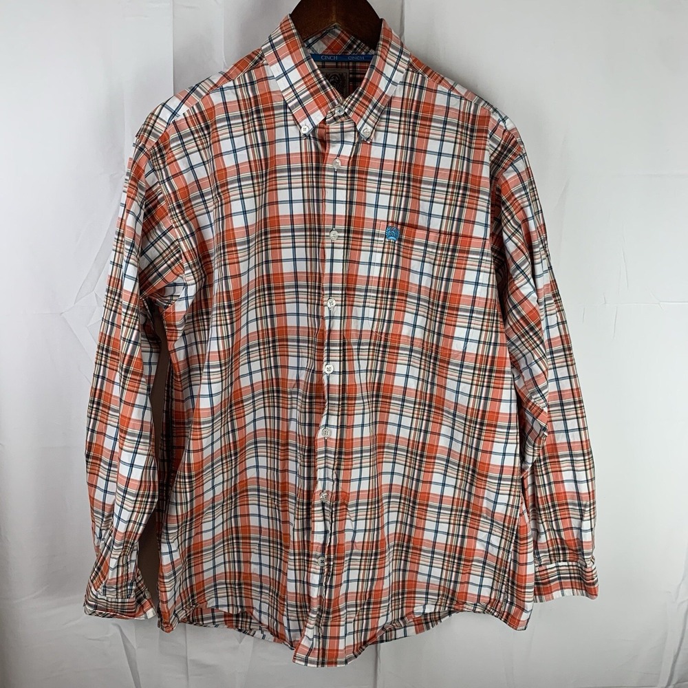 Cinch Shirt Medium Orange Plaid Button Down Long Sleeve Cotton Western Ranch